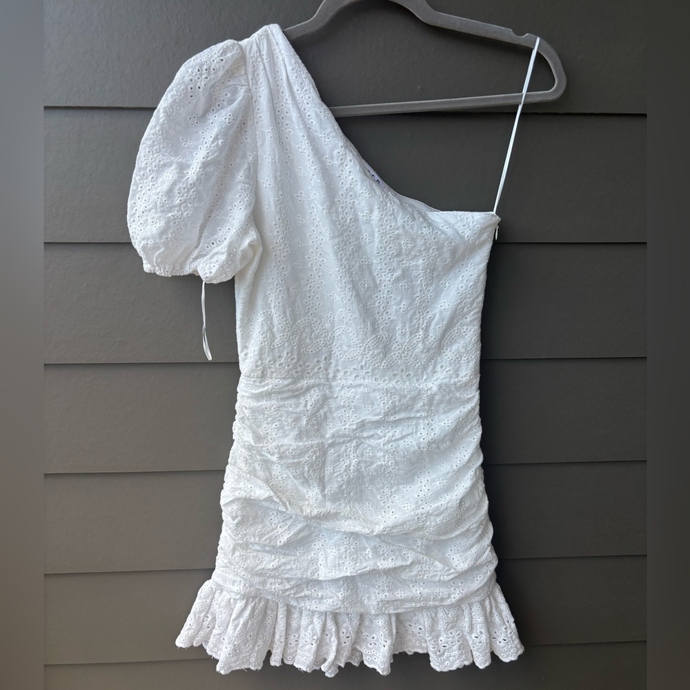 Boutique White Eyelet Ruched One-Shoulder Bodycon Mini Dress | SM